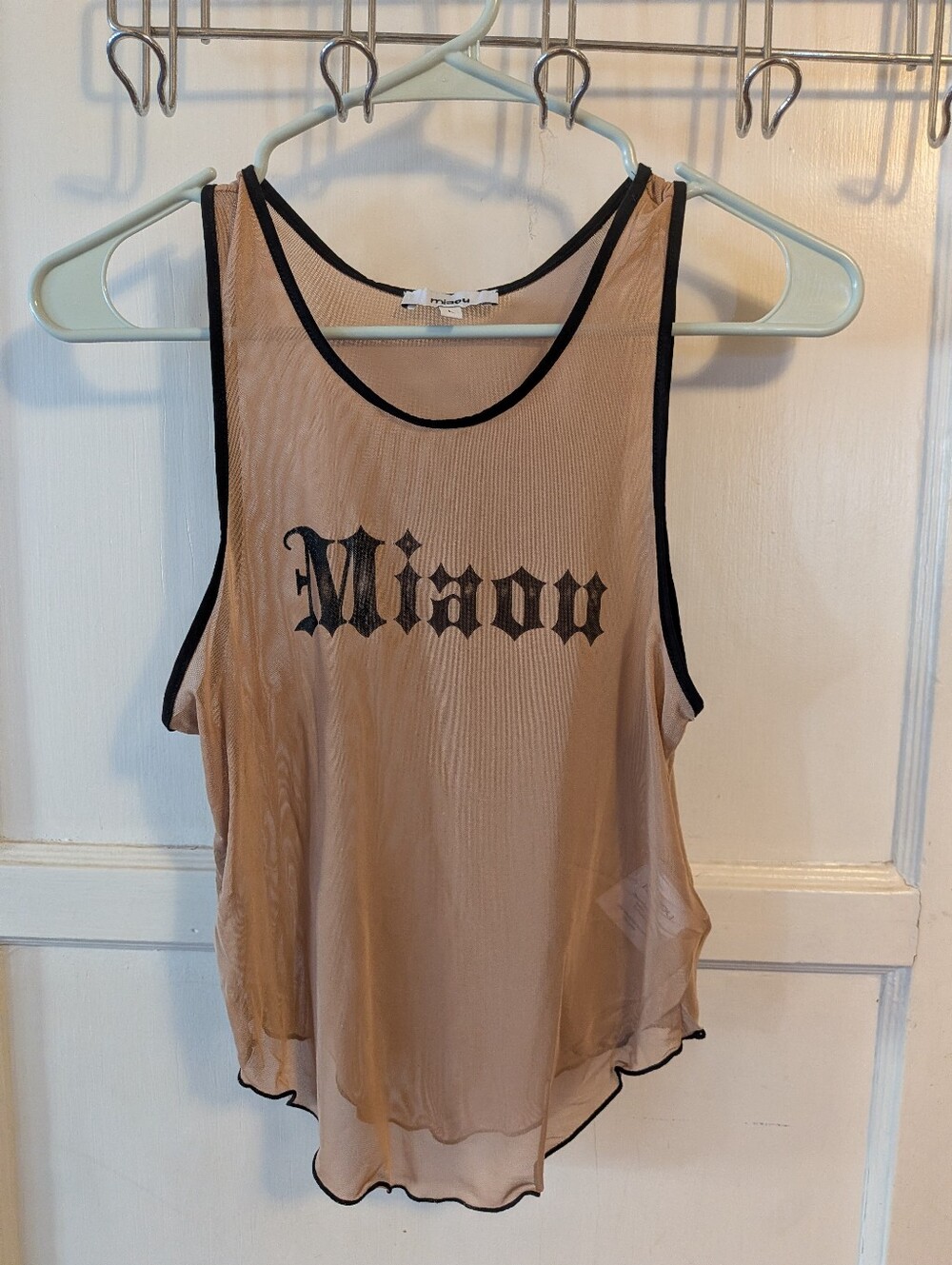 Miaou beige  Mesh Tank with Black Trim and Logo, size large